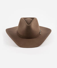 Brown cowboy hat with a decorative band on a white background