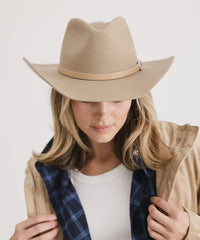 Person wearing a beige cowboy hat with a white background