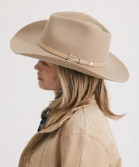 Person wearing a beige cowboy hat and jacket on a light background
