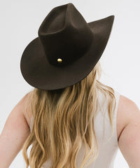 Person wearing a black cowboy hat with a gold emblem on a white background