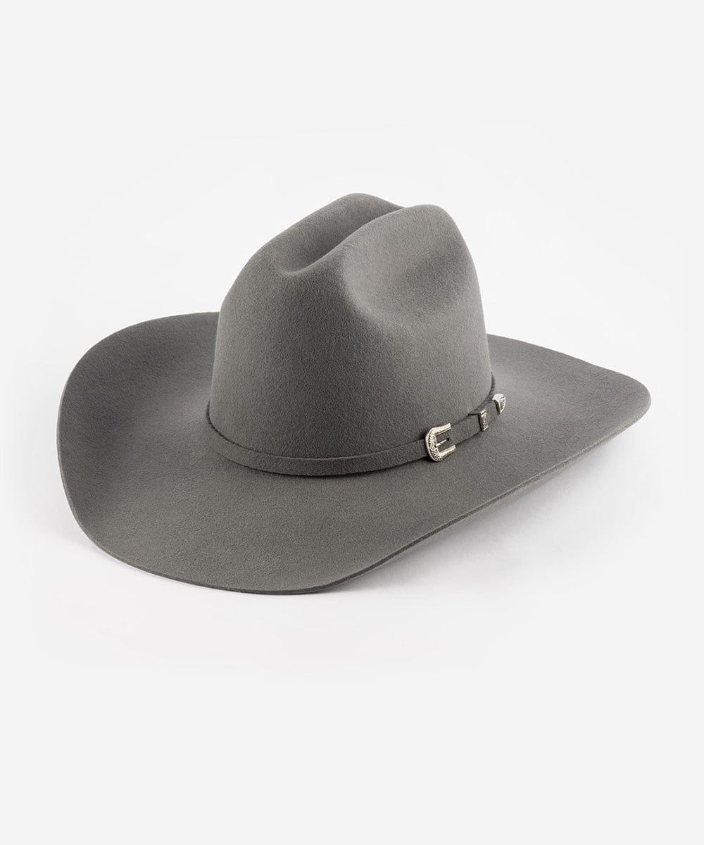 Gray cowboy hat with a belt on a white background