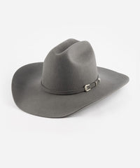 Gray cowboy hat with a belt on a white background