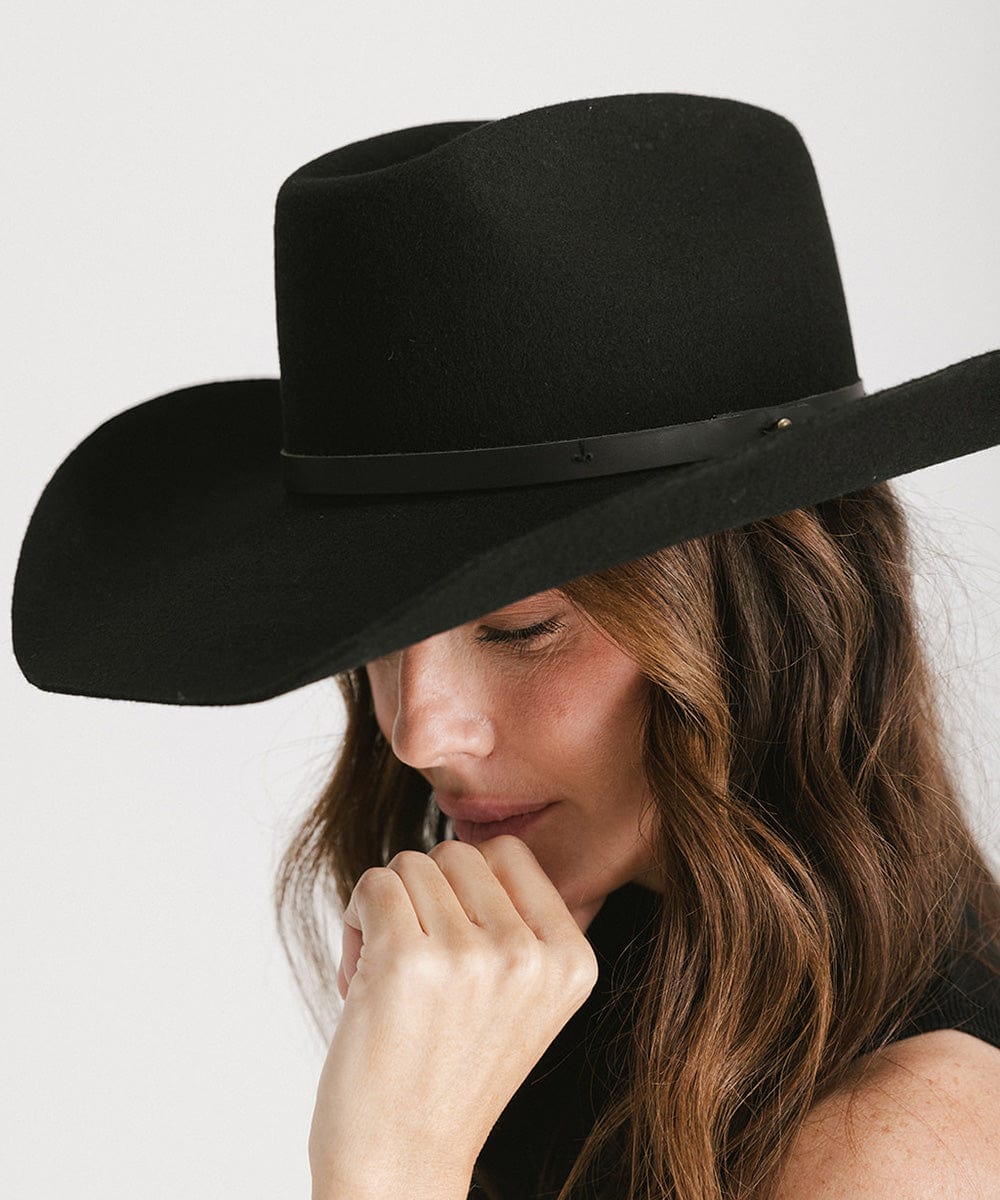 Person wearing a black cowboy hat against a plain background