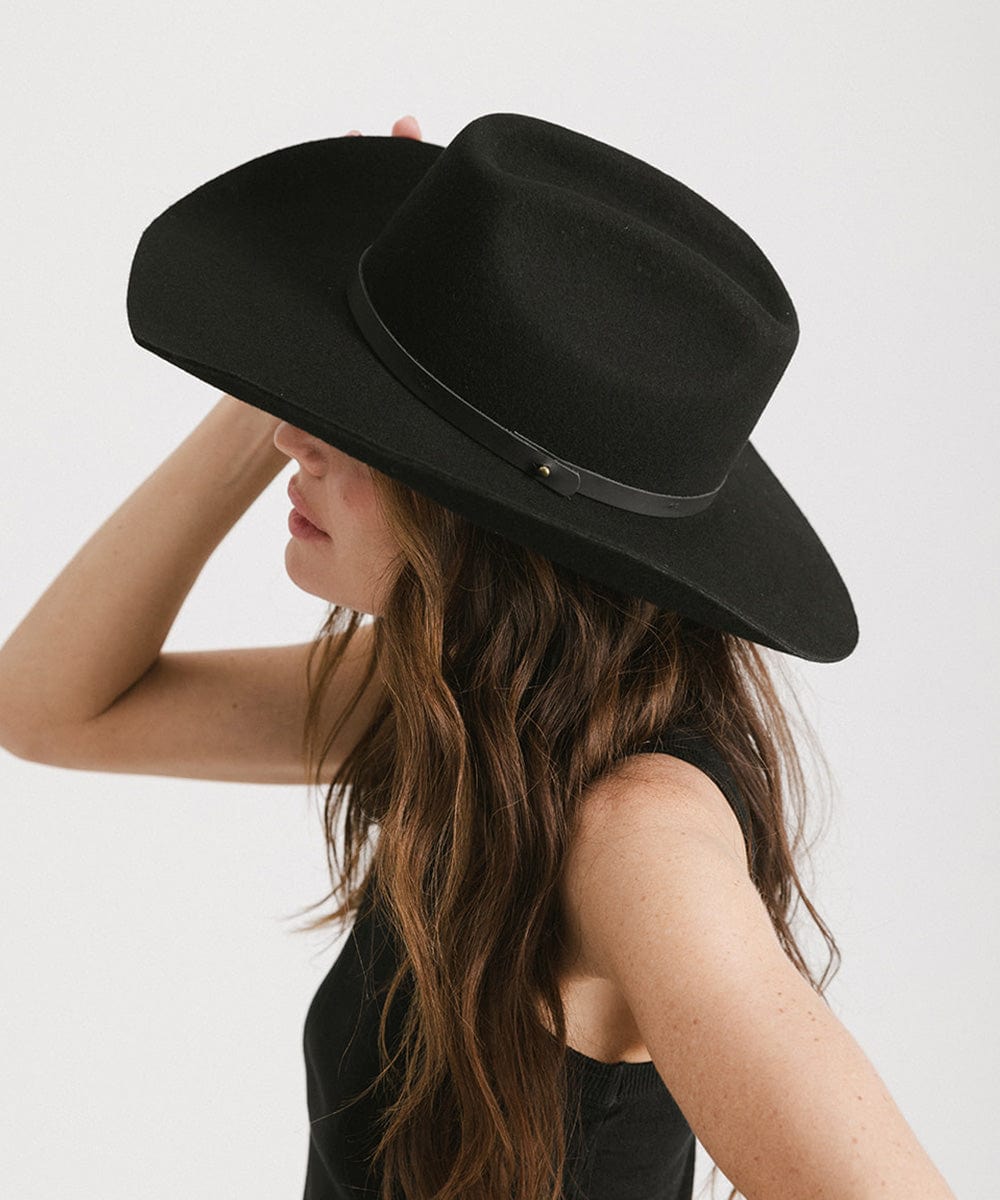 Person wearing a black cowboy hat on a white background