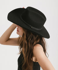 Person wearing a black cowboy hat on a white background