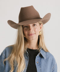 Person wearing a brown cowboy hat and denim jacket on a plain background