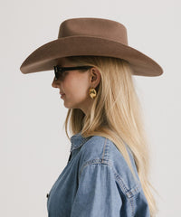 Woman wearing a brown hat, sunglasses, and a denim jacket on a plain background