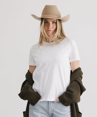 Person wearing a beige cowboy hat, white t-shirt, light blue jeans, and dark green jacket on a plain background