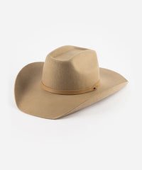 Beige cowboy hat with a brown band on a white background