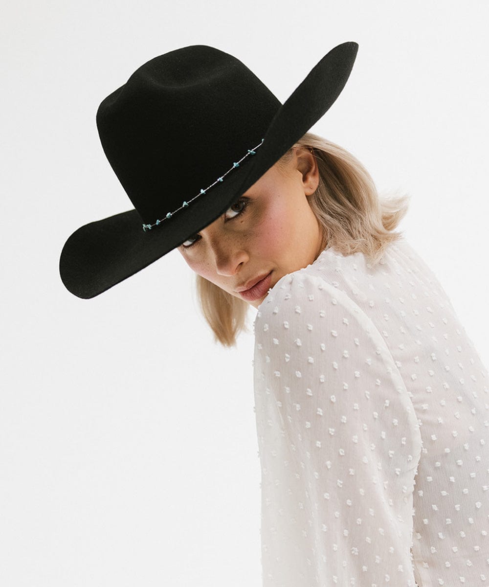 Person wearing a black cowboy hat and white polka dot shirt on a light gray background