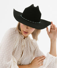 Person wearing a black cowboy hat with a white background