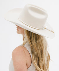 Person wearing a white wide-brimmed hat on a light background