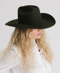 Person wearing a black cowboy hat with a plain background