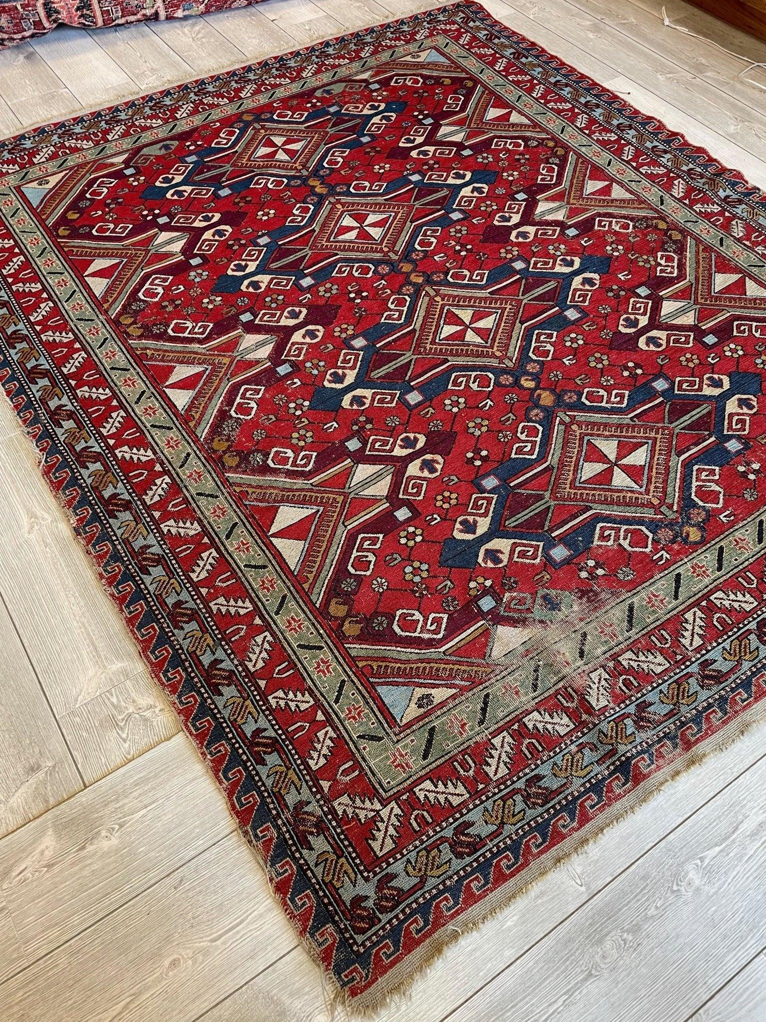 Fine Antique Natural Dyes Caucasian Soumak Area Rug 73''x91'' Rugistan