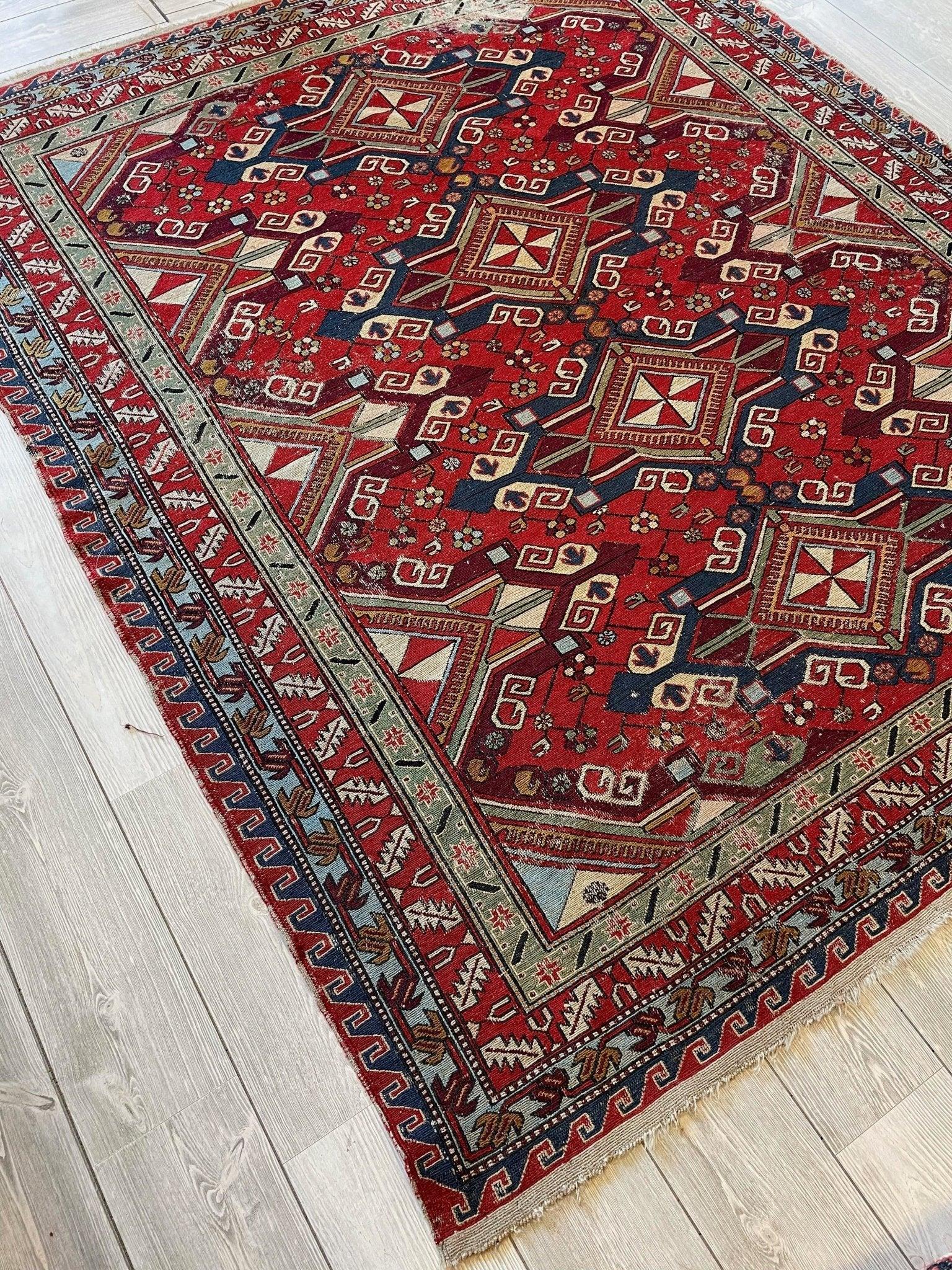 Fine Antique Natural Dyes Caucasian Soumak Area Rug 73''x91'' Rugistan