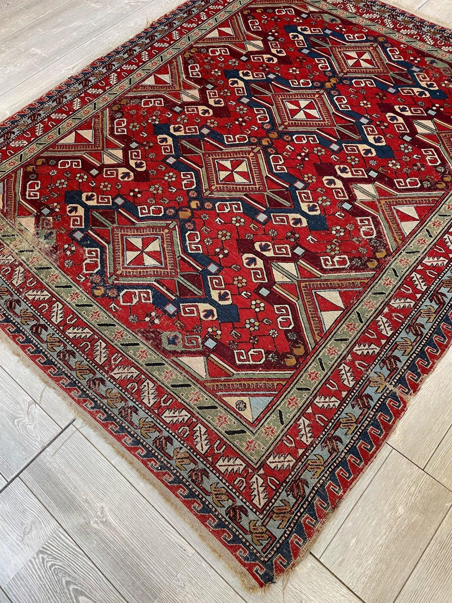 Fine Antique Natural Dyes Caucasian Soumak Area Rug 73''x91'' Rugistan