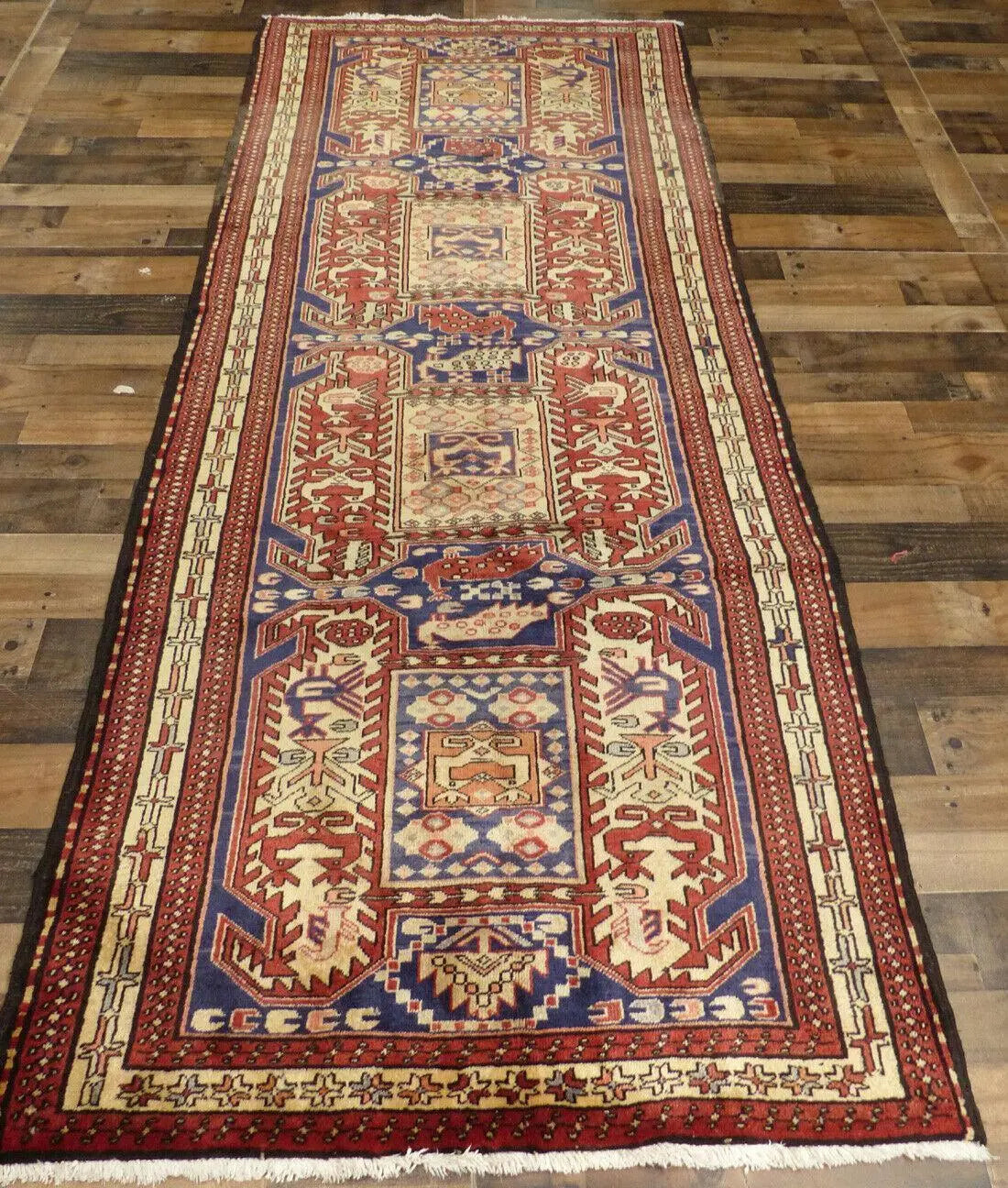 Geometric Meshkin Persian Vintage Runner Rug Handmade Wool Carpet - 4'0"x 10'4" Rugistan