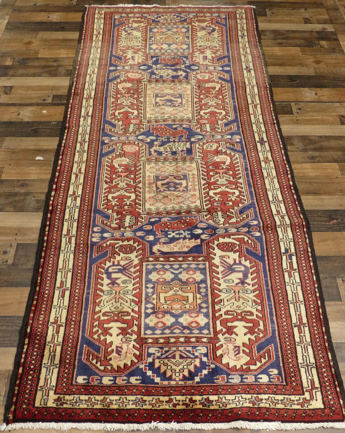 Geometric Meshkin Persian Vintage Runner Rug Handmade Wool Carpet - 4'0"x 10'4" Rugistan