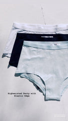 Light blue high-waisted panties with an elastic edge on a light gray background.
