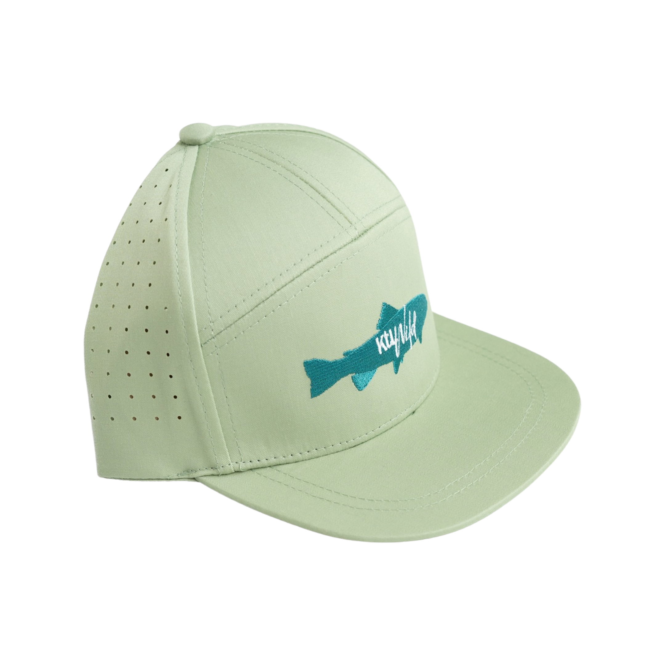 Light green cap with a blue logo on a white background