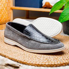 11-603-GRY BENE Sueded Italian Goatskin & Crocodile Loafer Grey