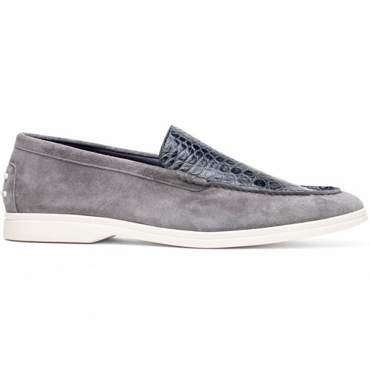 11-603-GRY BENE Sueded Italian Goatskin & Crocodile Loafer Grey