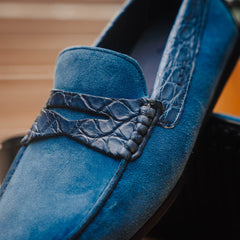 31-160-DNM MONZA Sueded Calfskin with Crocodile Driver Denim