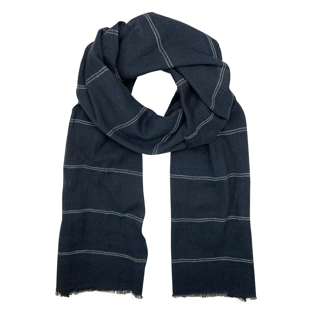 Navy blue scarf with white stripes on a white background