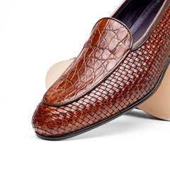 11-620-CGN PALIO Genuine Crocodile and Calfskin Basketweave Slip On, Cognac