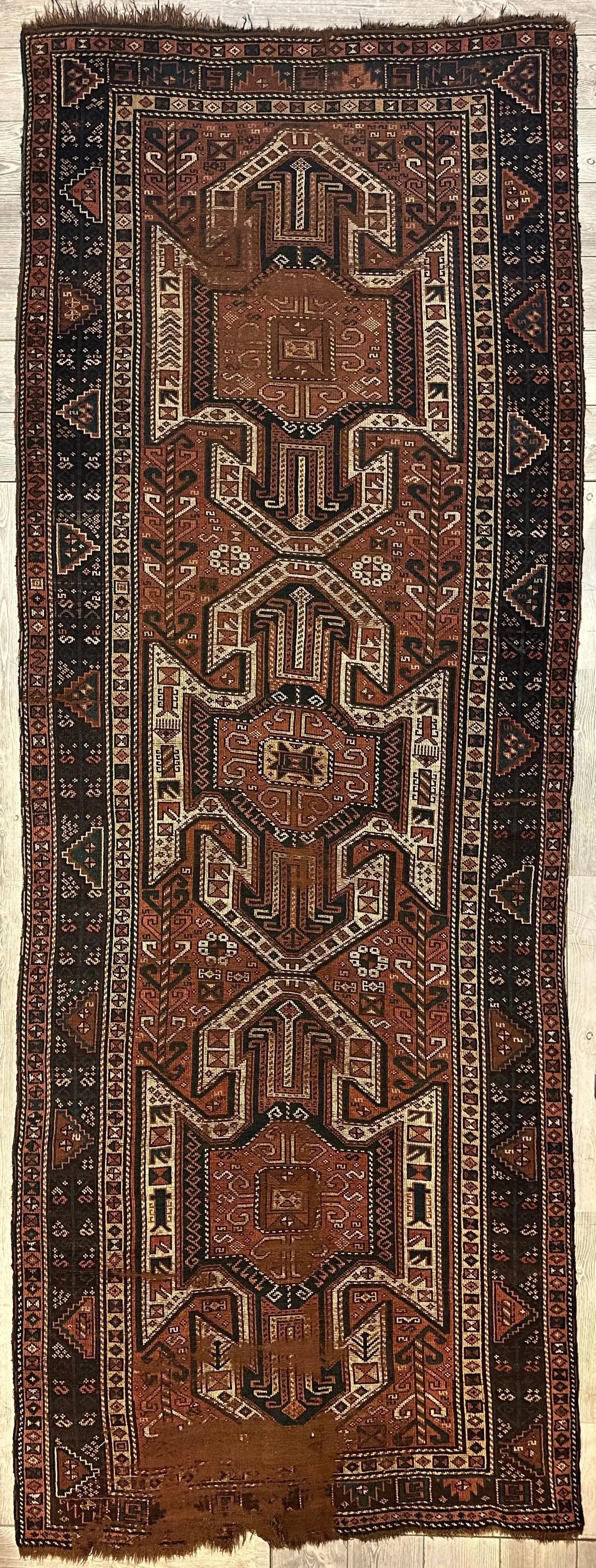 Pre-1900 Triple Shield Sewan Kazak Rug, 4’4”x11’7” Rugistan
