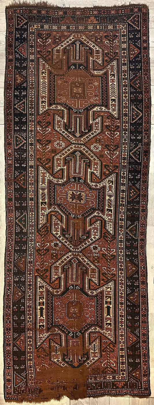 Pre-1900 Triple Shield Sewan Kazak Rug, 4’4”x11’7” Rugistan