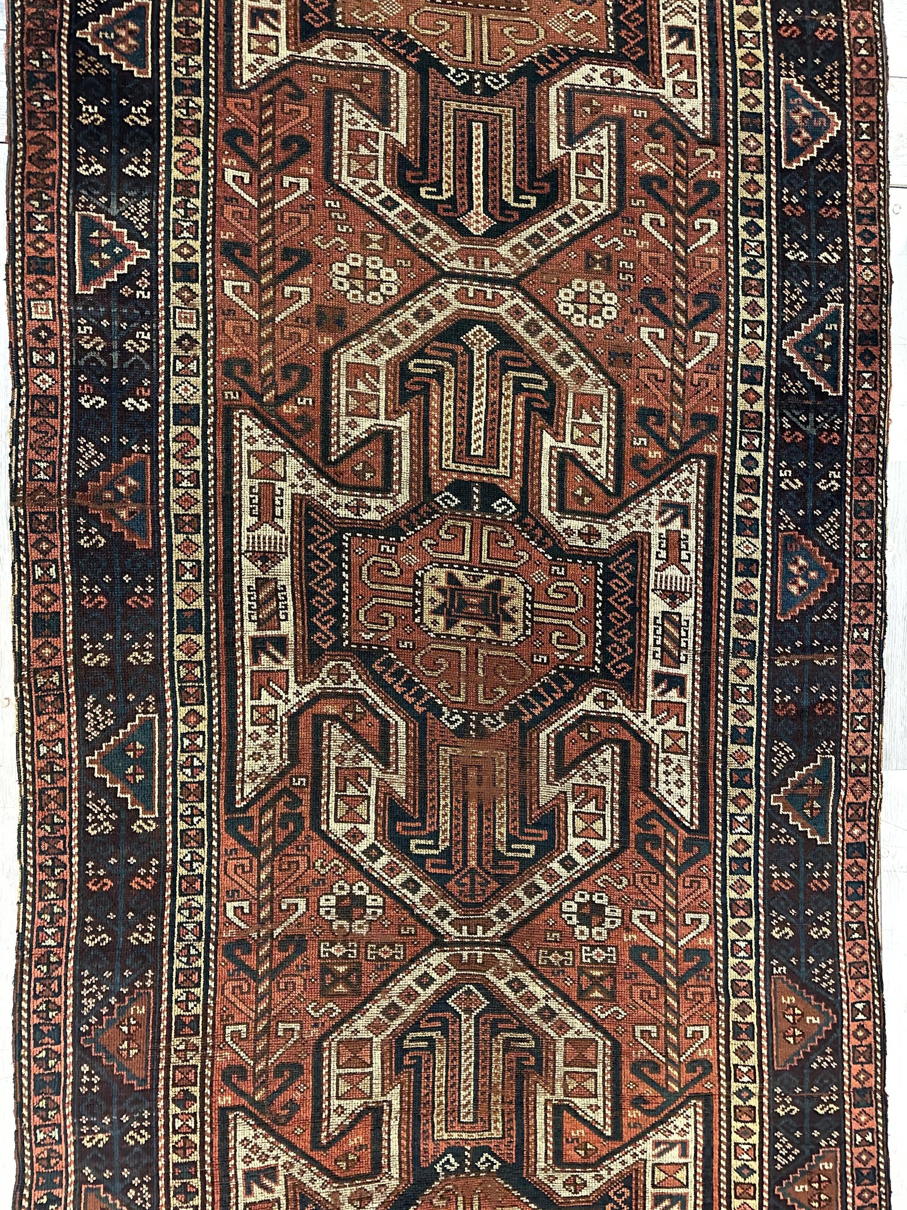 Pre-1900 Triple Shield Sewan Kazak Rug, 4’4”x11’7” Rugistan