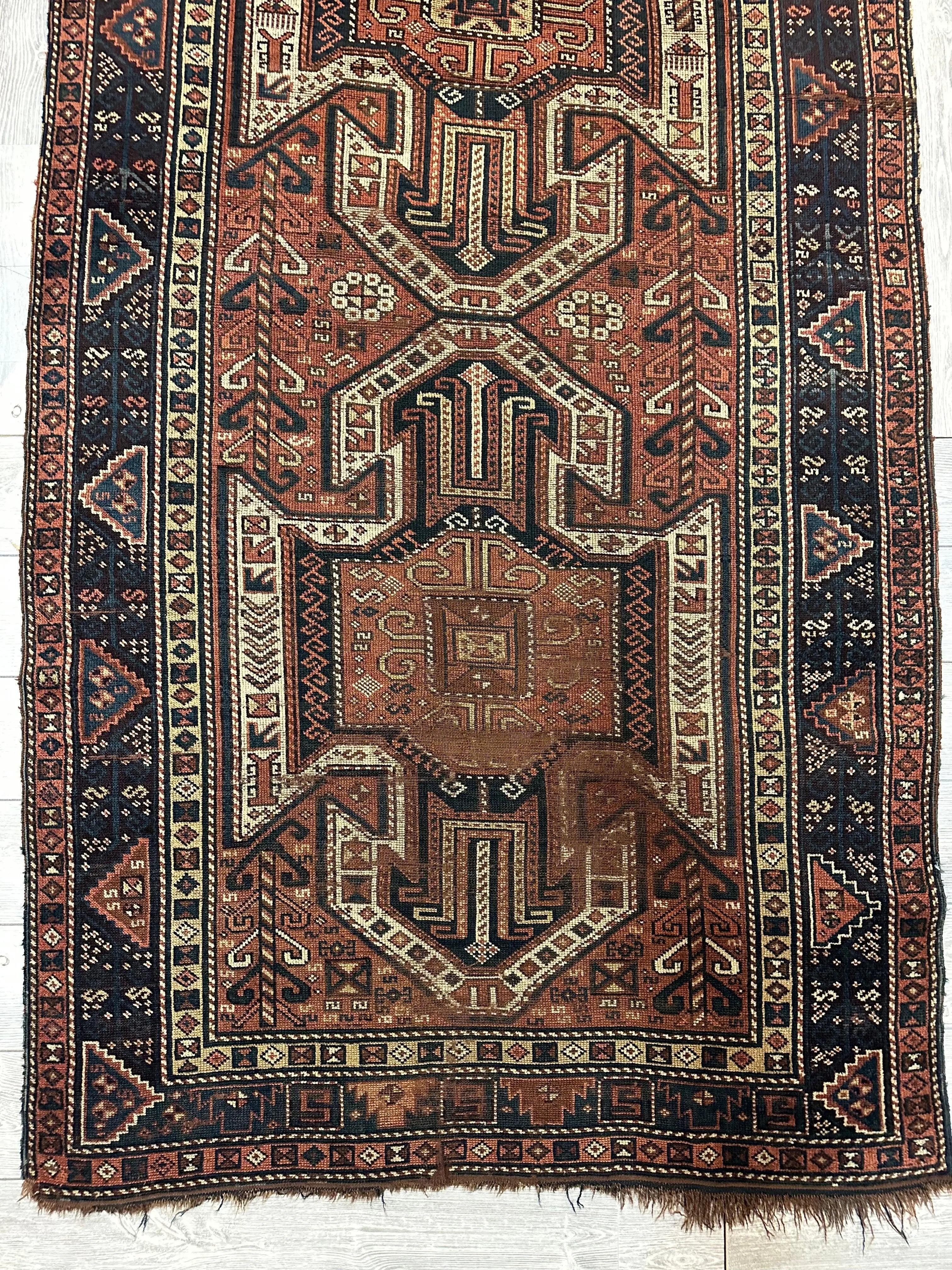 Pre-1900 Triple Shield Sewan Kazak Rug, 4’4”x11’7” Rugistan