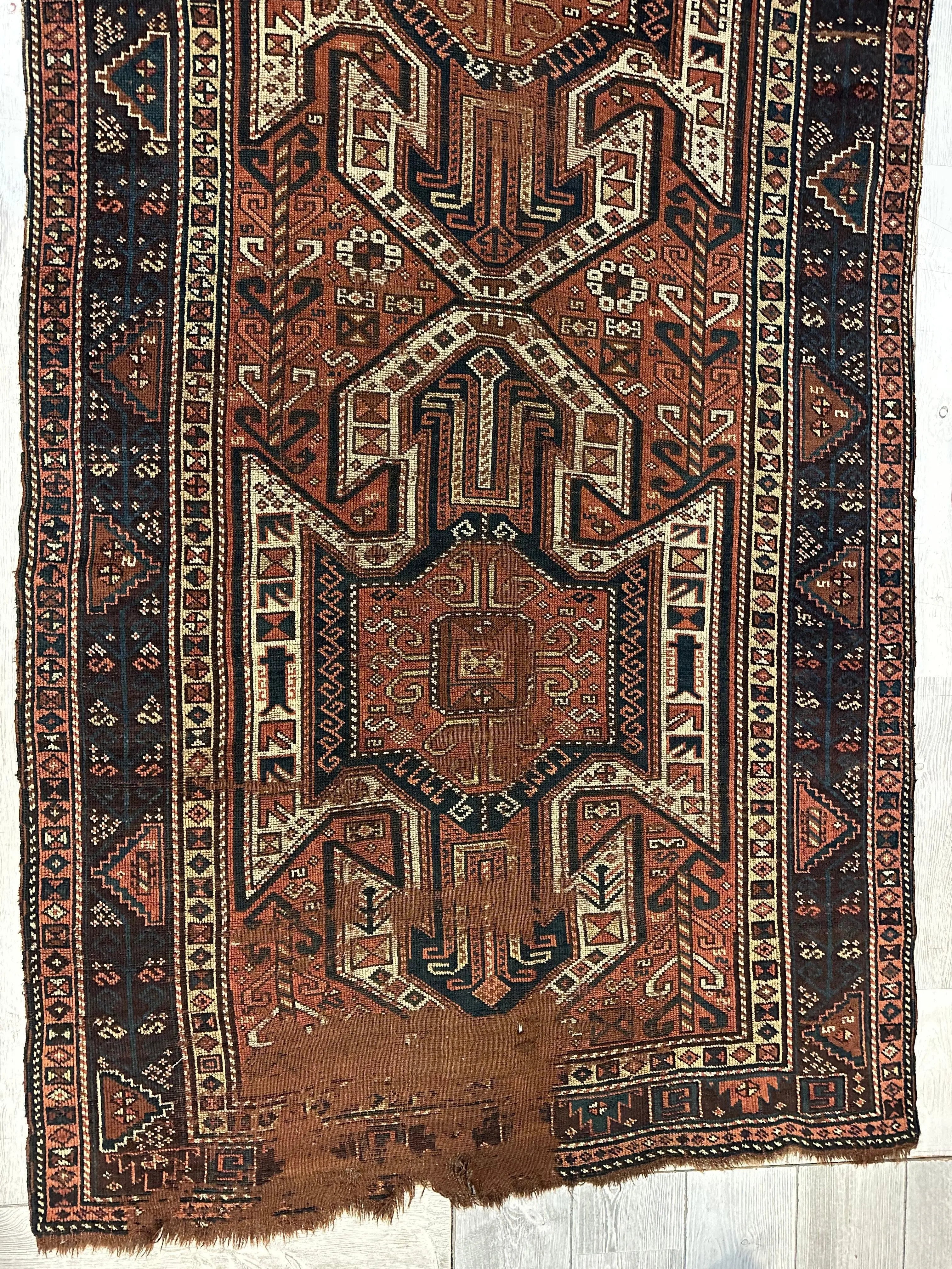 Pre-1900 Triple Shield Sewan Kazak Rug, 4’4”x11’7” Rugistan
