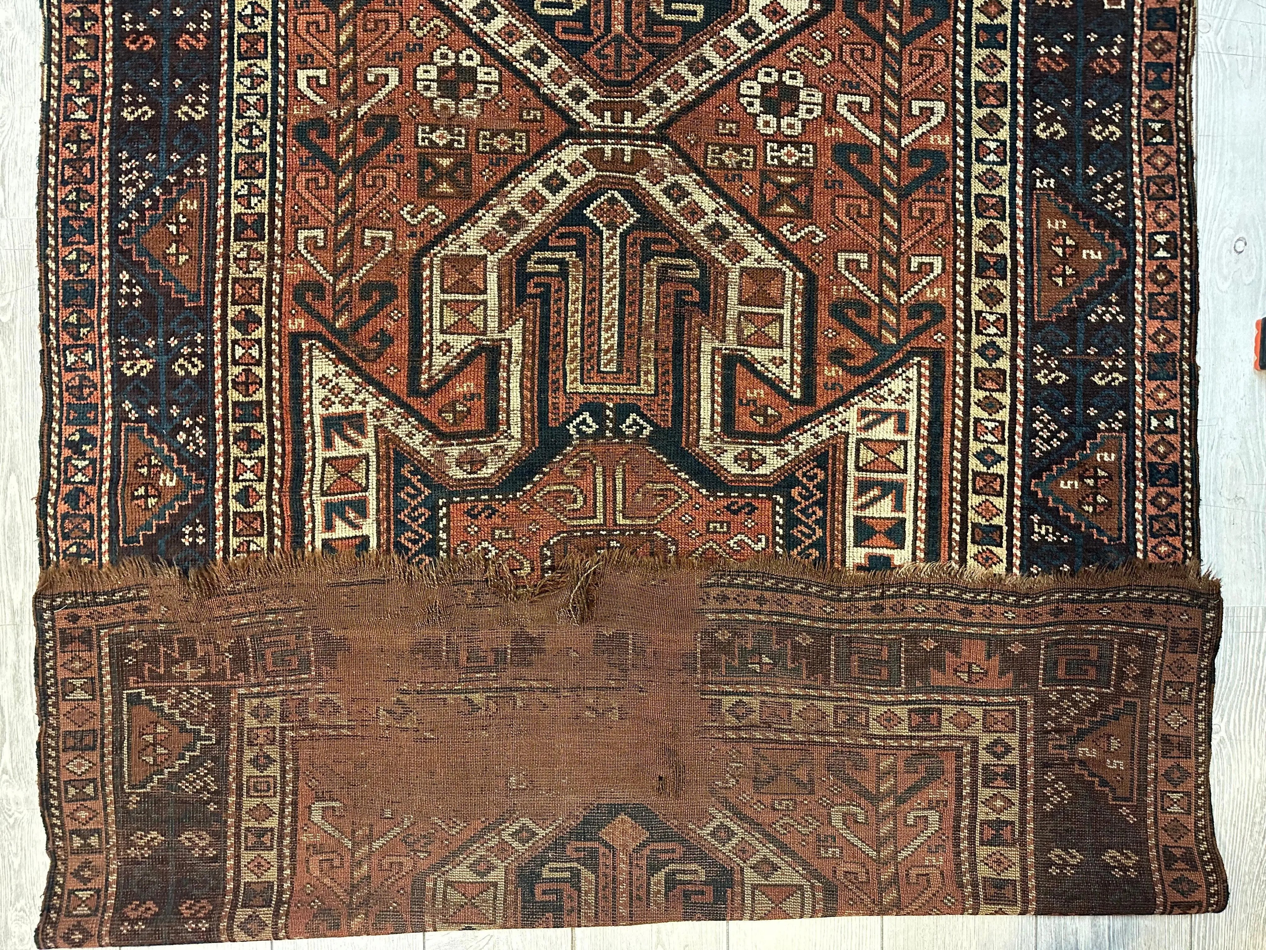Pre-1900 Triple Shield Sewan Kazak Rug, 4’4”x11’7” Rugistan