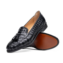 15-250-BLK RIVIERA Basketweave Calfskin Tassel Loafer, Black