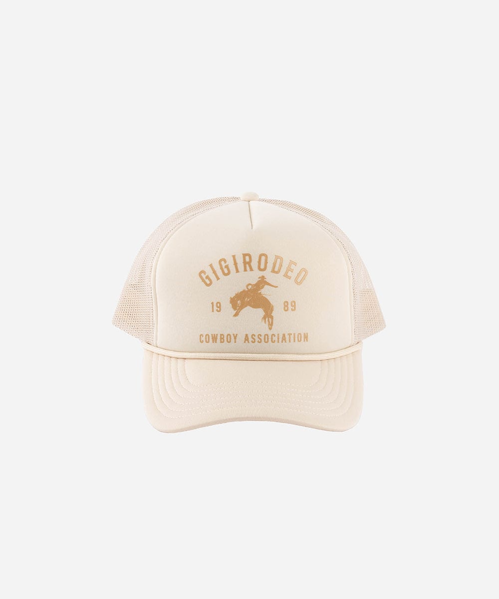 Beige cap with 'Gigirodeo Cowboy Association' text and logo on a white background