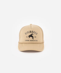 Beige cap with 'Gigi Rodeo' and 'Cowboy Association' text on a white background