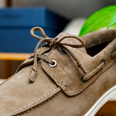 16-675-TPE VENICE Italian Sueded Goatskin Boat Shoes, Taupe