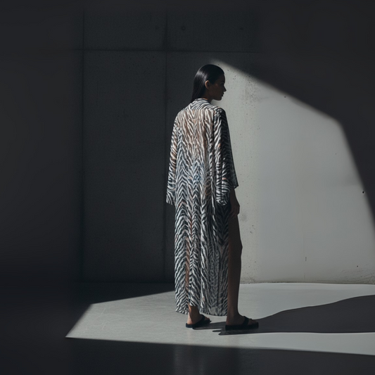 Person wearing a patterned dress standing in a spotlight against a dark background