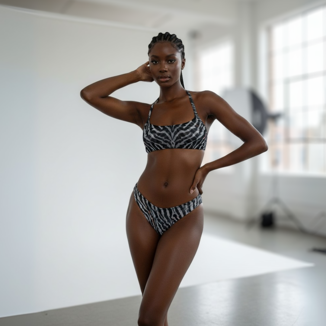 Woman wearing a zebra print bikini in a room with white walls and a window.
