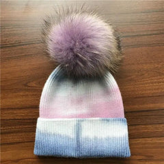 Multicolor Cashmere Wool Blend Knitted Winter Hat with Fur