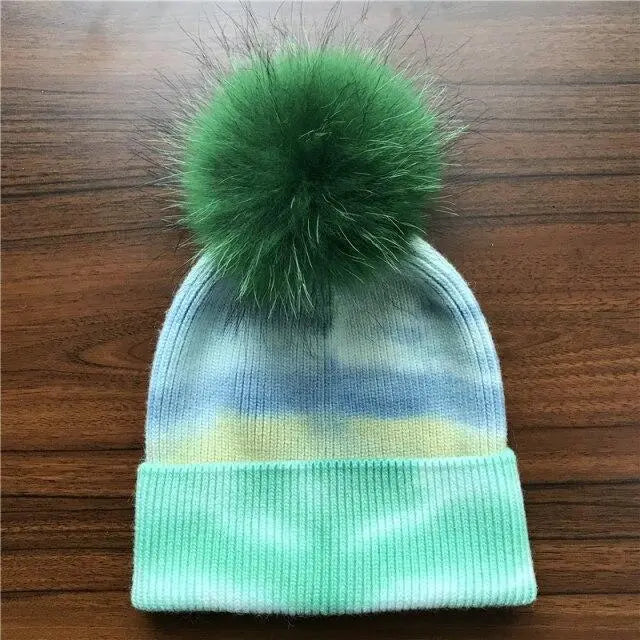 Multicolor Cashmere Wool Blend Knitted Winter Hat with Fur