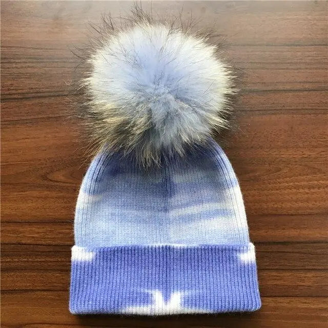 Multicolor Cashmere Wool Blend Knitted Winter Hat with Fur