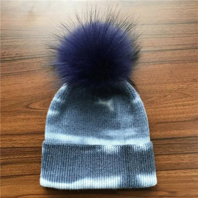 Multicolor Cashmere Wool Blend Knitted Winter Hat with Fur