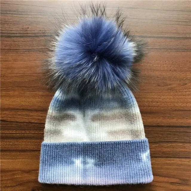 Multicolor Cashmere Wool Blend Knitted Winter Hat with Fur
