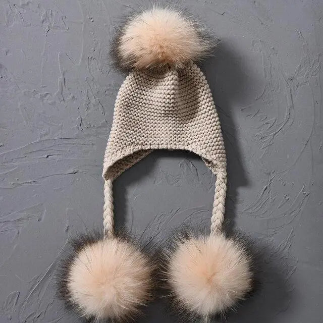 Children's Knitted Hat with Three Raccoon Fur Pompoms | Cozy Winter Style