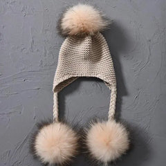 Children's Knitted Hat with Three Raccoon Fur Pompoms | Cozy Winter Style