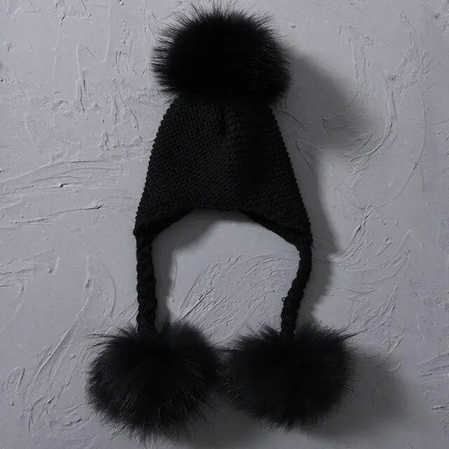 Children's Knitted Hat with Three Raccoon Fur Pompoms | Cozy Winter Style