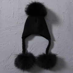 Children's Knitted Hat with Three Raccoon Fur Pompoms | Cozy Winter Style